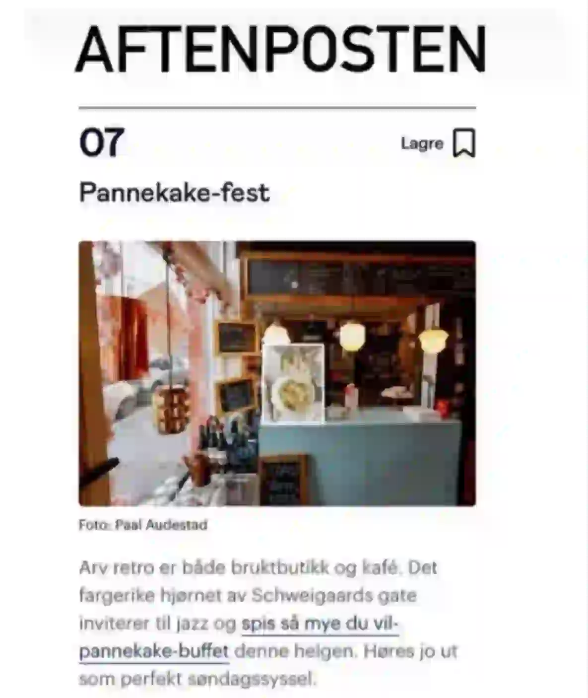 Arv Vin & Vaffel omtale i Aftenposten
